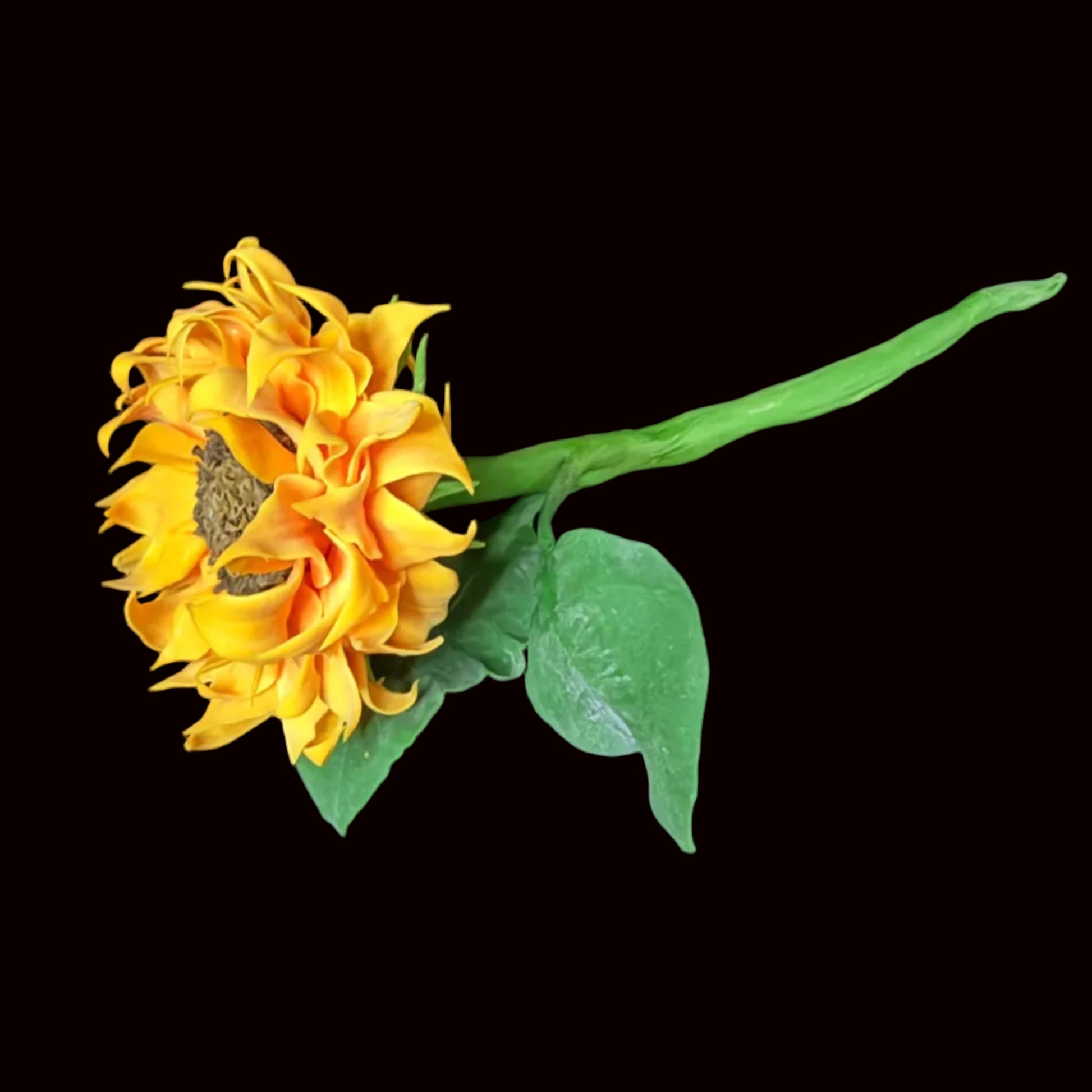 Handmade resin clay yellow sunflower full stem side view showing bloom green stem and leaves – Sylva Garden