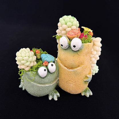 Handmade green and tan frog resin succulent planter duo front view showing full clay succulent crowns colorful flowers and moss on both planters – Sylva Garden