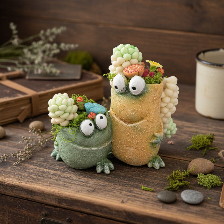 Handmade green and tan frog resin succulent planter duo with clay succulents colorful flowers and moss on rustic wooden desk with dried botanicals and pebbles – Sylva Garden