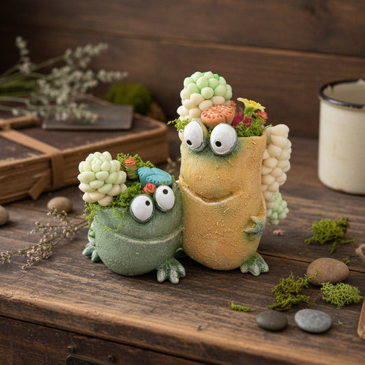 Handmade green and tan frog resin succulent planter duo with clay succulents colorful flowers and moss on rustic wooden desk with dried botanicals and pebbles – Sylva Garden