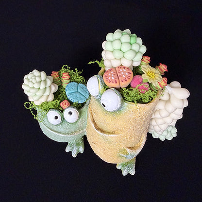 Handmade frog resin succulent planter duo angled top view showing detailed clay succulent clusters colorful flowers and green moss on both green and tan frog planters – Sylva Garden