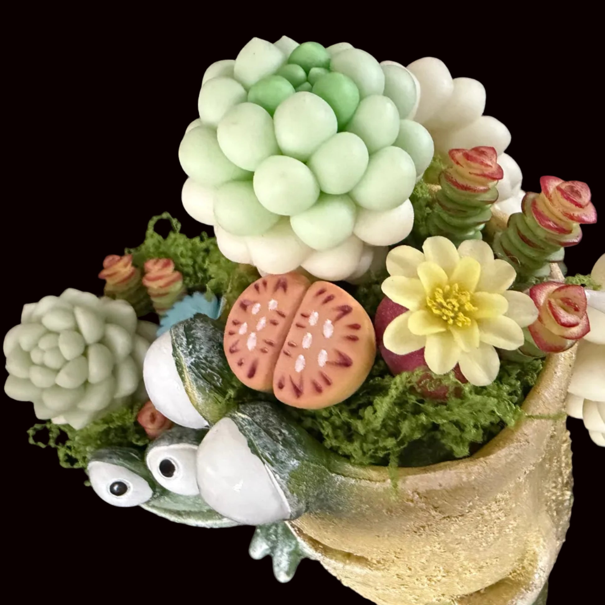 Handmade tan frog resin succulent planter close-up showing green bubble succulent pink watermelon lithops yellow clay flower and spiral succulents with moss crown detail – Sylva Garden