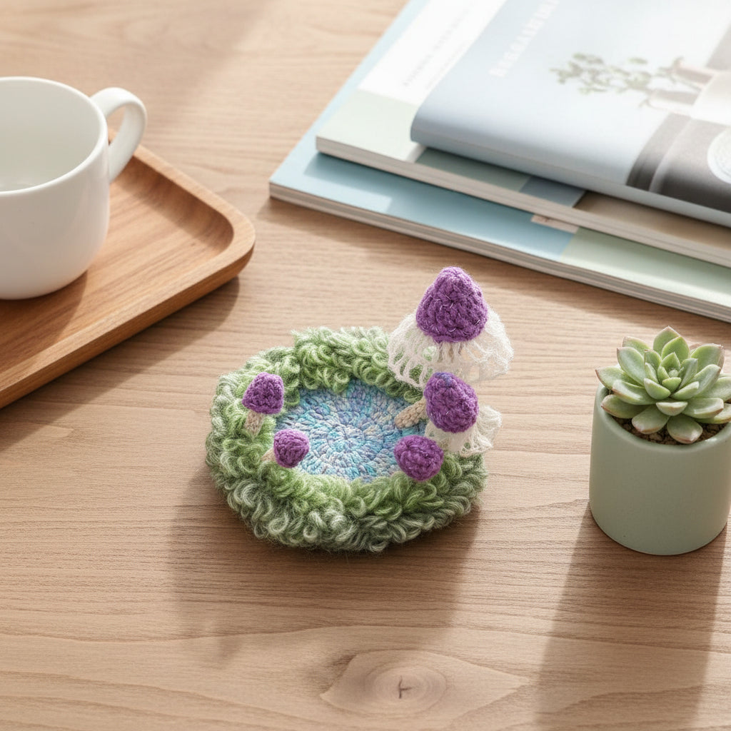 Handmade Violet Veil purple mushroom crochet moss coaster styled with white mug and succulent on light wood desk, lifestyle view – Sylva Garden