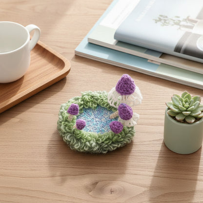 Handmade Violet Veil purple mushroom crochet moss coaster styled with white mug and succulent on light wood desk, lifestyle view – Sylva Garden