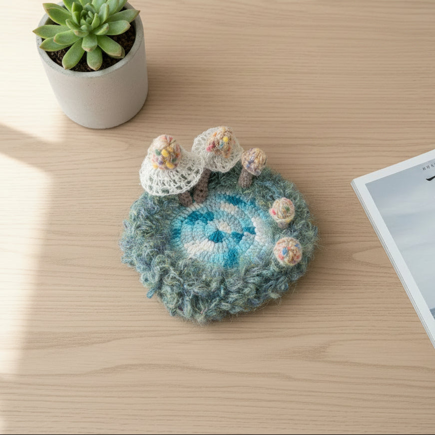 Handmade Whisper Cap ivory lace mushroom crochet moss coaster styled with succulent plant and magazine on light wood desk, overhead lifestyle view – Sylva Garden