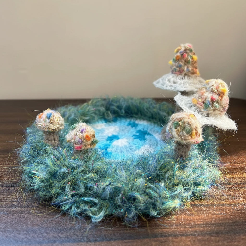 Handmade Whisper Cap ivory lace mushroom crochet moss coaster with teal blue center and fluffy moss border, side view on wooden table – Sylva Garden